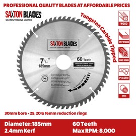 TCT18560T Saxton TCT Circular Wood Saw Blade 185mm x 30mm Bore x 60T for Bosch Makita Dewalt Fits 190mm Saws