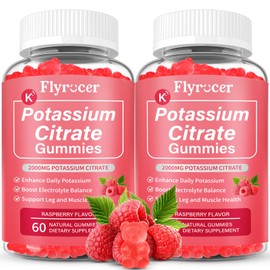 2 Pack Potassium Citrate Gummies for Adults Men & Women, Potassium Supplement for Support Leg Cramps, Muscle Health & Electrolyte Balance, Vegan, Raspberry Flavor, 120 Count