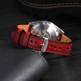 ANBEER Perforated Genuine Leather Watch Strap,18mm Luxurious Gloss Replacement Watch Band for Men and Women,Red