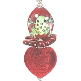 Red Velvet Heart with Handcrafted Artisan Green Lampwork Glass Frog Ceiling Fan Pull Chain