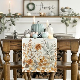 Artoid Mode Eucalyptus Flowers Leaves 210 GSM Fall Table Runner, Seasonal Autumn Kitchen Dining Table Decoration for Home Party Decor 13x72 Inch