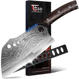 SYOKAMI Meat Cleaver Chef Knife with Sheath, 7.7 Inch Butcher Knife with Herb Stripper, Chopping Knife Heavy Duty Bone Cutting, Damascus Pattern Full Tang Wood Handle, Birthday Gift for Men