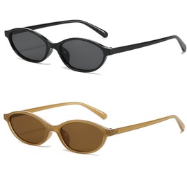 YAMEIZE Retro Oval Cat Eye Sunglasses for Women Vintage 90s Sunglasses Small Oval Glasses Narrow Shades UV400 Black+BroBrown