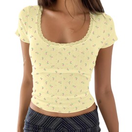 Cioatin Women Y2K Ditsy Floral Lace Bow Patchwork Pointelle Crop Tshirt Short Sleeve Scoop Neck Girls Coquette Summer Tee Top Yellow