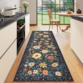 DUKINO Runner Rug, 2.6x8 Kitchen Rug for Hallway with Non Slip Backing, Washable Low Pile Soft Boho Floral Runner Carpet for Hallway, Kitchen, Entryway, Laundry, Bedroom, Dark Blue
