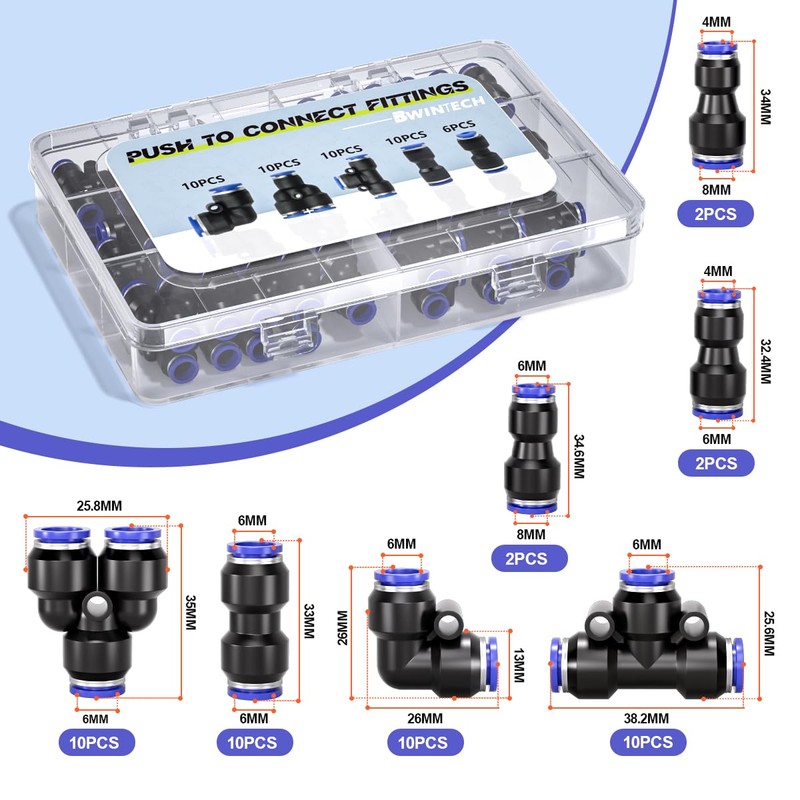 Bwintech 46pcs 6mm Pneumatic Quick Push In Air Hose Connector