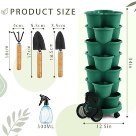 Umigy 2 Set Dark Green 7 Tier Stackable Vertical Planters with Removable Wheels and Tools Tower Planters Strawberry Herb Flower Vegetable Pots Indoor Outdoor Gardening Pots