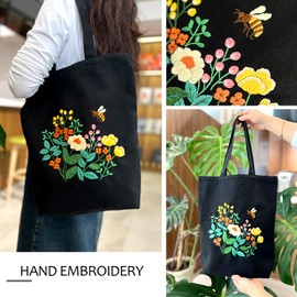 Canvas Tote Bag Embroidery Kit, Beginner Embroidery Kit for Adults, Hand Embroidery Starter kit with Floral Pattern, Arts and DIY Crafts Embroidery Kit , Cross Stitch Kit with Embroidery Bag and Tools