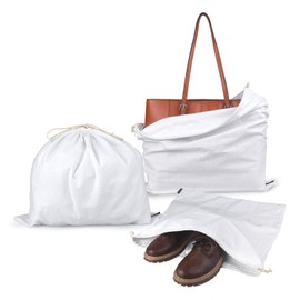 PlasMaller Dust Cover Storage Bags Purified 100% Cotton Flannel with Drawstring Pouch For Handbags Purses Pocketbooks Shoes Boots Set of 3, White, Large