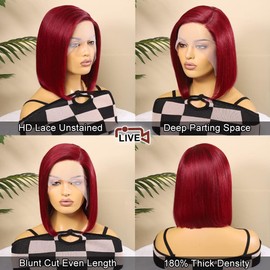 99J Burgundy Lace Front Wigs Human Hair 12 Inch 13x4 HD Lace Bob Wig Human Hair Glueless Frontal Wigs Pre Plucked 150% Density, Red Wig Straight Lace Front Wigs Human Hair Bob Wig