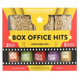 Urban Accents Box Office Hits Popcorn Kernels and Popcorn Seasoning Variety Pack (Set of 8) - 3 Non-GMO Popcorn Kernel Packs and 5 Gourmet Popcorn Snack Seasoning
