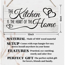 Kitchen Wood Decor Sign, The Kitchen Is the Heart of the Home, Hanging Printed Wooden Plaque Décor, Rustic Farmhouse Home Wall Decor for Kitchen, Dining Room Decoration 12x 6inch
