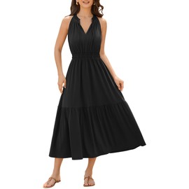 ZAFUL Women's Smocked Midi Dress for 2025 Summer Spring Fall Casual Long Flowy Tiered Sundress Deep V Neck Strips Elastic Waist Midi Clothes Fashion Beach Vacation Dress, L Black