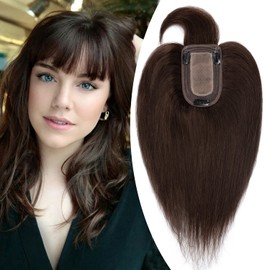 Hairro Hair Toppers with Bangs Human Hair Clip in Hair Piece for Women 13 * 7cm Silk Base Hair Topper Cover Thinning Hair Loss 12 inch #02 Dark Brown