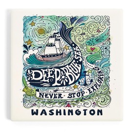 Washington, Watercolor Whale, Deep Blue Sea, Nautical Art (Absorbent Ceramic Coaster, Single, Cork Back, Kitchen Table Decor)