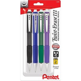 Pentel Twist Erase III Premium Mechanical Pencil 0.5mm 4 pack Assorted Barrels (1 each Black, Blue, Green, Violet)