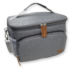 Insulated 8L Cool Bag Small with Carry Strap, Grey, 2 Compartments with Zip, Includes 4 Cooling Elements
