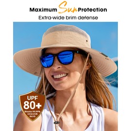 Sun Hats for Women Men Breathable Wide Brim Fishing Hat Hiking Summer UV Protection Bucket Hats UPF 80+ Khaki