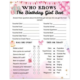 qinghemengxia Who Knows The Birthday Girl Best, Birthday Would She Rather, Birthday Game Cards for Girls Her Sleepover Party - 5.5 * 7 inch Set of 20 (Pink)