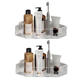 2 Pack Corner Shower Caddy, No Drill Shower Shelves Corner Organizer, Transparent Bathroom Shelves Basket with Drain Hole for Bathroom, Kitchen Storage (Transparent White)