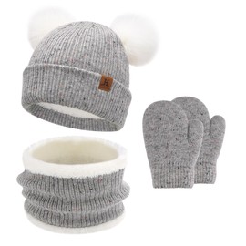 Kids Winter Hat Loop Scarf Gloves Set, Pompom Winter Hat Tube Scarf Mittens for 0-4 Years Baby Toddler, Knitted Hat Touchscreen Gloves for 5-8 Years Girls Boys, (0-4 Years) Grey