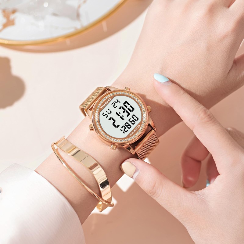 TIMEURE Women's Step Counter Pedometer Watch Crystal Stone, No App,