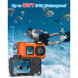 MOREXIMI 33FT Underwater Camera, 4K 65MP Waterproof Camera, Underwater Camera for Snorkelling with 64GB Card, Auto Focus, Selfie, Dual Screen, Digital Camera, Waterproof, Compact, Floatable, Orange