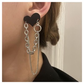 Aneneiceera Vintage Black Enamelled Heart Stud Earrings Silver Chain Dangle Earrings Paper Clip Chain Earrings Chunky Link Chain Tassel Earrings Jewellery for Women and Girls, Zinc