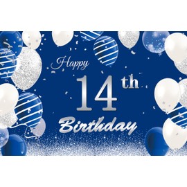 JumDaQQ 14th Birthday Decorations for Boys, Happy 14th Birthday Banner Photography Background Blue Silver, 14th Birthday Backdrop Banner, 14 Years Old Boys Birthday Party Backdrop Poster Fabric 5x4ft