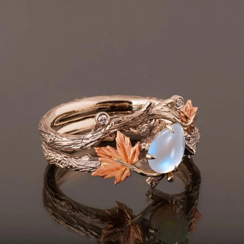 Vintage branch ring, rose gold maple leaf, double ring design,