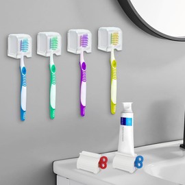 WRENYZK 4 Pcs Wall Mount Toothbrush Holder with Cover, Single Toothbrush Dispenser Storage Organizer, with 2 PCS Toothpaste Squeezer, Self Adhesive Toothbrush Hanger Rack for Dorm, Cabinet