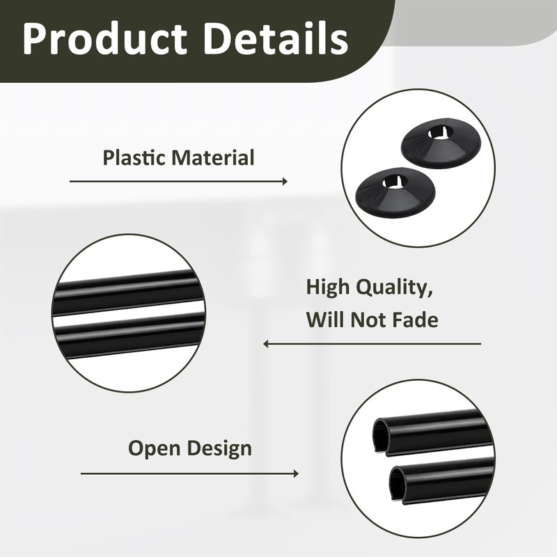 2 Pack Black Radiator Pipe Covers, 15mm x 200mm Matt