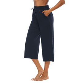 OYANUS Capris for Women Casual Summer Loose Comfy Drawstring Wide Leg Capri Pants with Pockets Navy 2XL