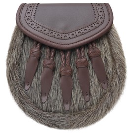 Traditional Scottish Semi-Dress Kilt Sporran – Brown Leather Flap Brogue Design with 5 Tassels, Elegant Handcrafted Daywear Kilt Sporran Featuring Chain Belt (Brough 5 Tassles, Brown)