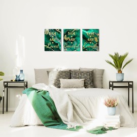 LevvArts Inspiration Wall Decor You Are Loved/Beautiful/Enough Sign Painting for Girl Women Bedroom Green and Gold Marble Pictures (Green)