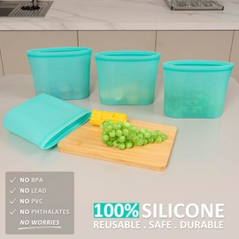 Annaklin Large Reusable Storage Bag, 4 Pack 100% Silicone Food Storage Bags Stand Up Silicone Zip Lock Bags for Food Container, Freezer Microwave Oven Dishwasher Safe, Aqua, 50.7oz/ 1500ml