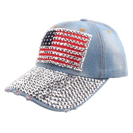 Kangqifen Gorra de béisbol unisex con diseño de bandera de Estados Unidos desgastada, con cristales brillantes, con ala deshilachada, Azul claro, Medium-Large