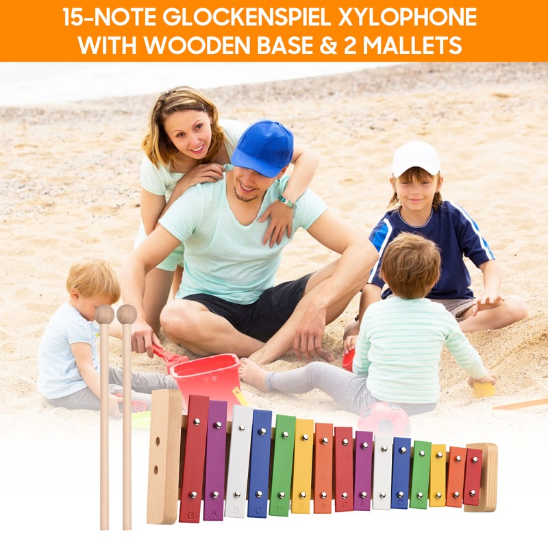 15 Note Glockenspiel Xylophone Wooden Base Colorful Aluminum Bars with