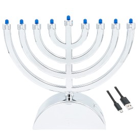 The Dreidel Company Mini Electric Classic Menorah, Classic Hanukkah Menorah, LED, Travel, Batteries or USB Powered, Micro USB 4' Cable Included (Silver Shiny)