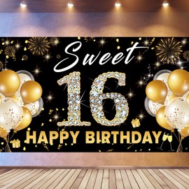 Sweet 16 Backdrop Birthday Decorations, Sweet Sixteen Photo Booth Props, Black Gold Happy 16th Birthday Party Decorations For Girls, Large Fabric 16th Birthday Backdrop Banner 71 * 43 inch PHXEY