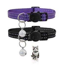 LuckyOpt Cat Collar, 2 Pieces Reflective Cat Collar with Secure Quick Release Breakaway Buckle and Bell, Adjustable 22-35 cm Cat Collar for Cats Dogs (Purple + Black)