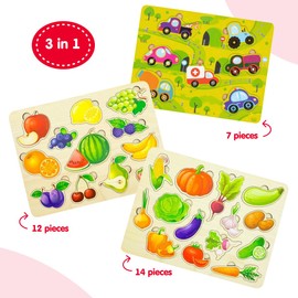 Wooden Puzzle from 1 Year Set Vehicles/Fruits/Vegetables - Wooden Puzzle from 2 3 4 Years Wooden Toy Wooden Puzzle Gift for Children, Girls and Boys (Set 3-in-1)