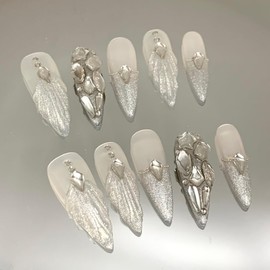 JIEADJIE Press On Nails (100% Handmade),Extra Long,Handmade Painted Nail Art by Nail Technician,Luxury Version (droplet shell, Small)