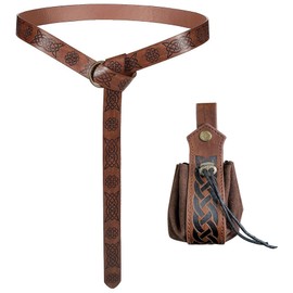 2 Pcs Viking Belt Medieval Faux Leather Belt Pouch Retro Knight Belt Set Renaissance Drawstring Dice Bag LARP Accessories (Brown-1)