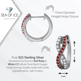 Sterling Silver Created or Simulated Gemstone & White CZ Infinity Twist Braid Huggie Hoop Earrings for Women, 15mm Diameter (Silver, Created Ruby & White CZ)