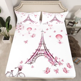 Juego de cama ajustable de la Torre Eiffel para niñas, tamaño individual para niños y mujeres, con temática romántica, juego de cama con estampado de la Torre Eiffel de París, juego de ropa de cama de flores de rosa, 2 piezas
