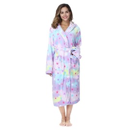 RONGTAI Womens Long Robes Plush Fleece Print Star Nightgown Thick Hooded Bathrobe with Pockets Fluffy Sleepwear for Spa Medium
