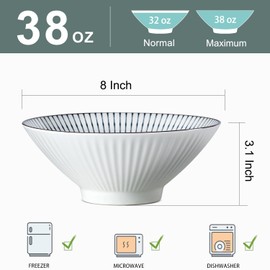 Zscera 38 oz Japanese Ramen Bowl Set of 6, 8-Inch Ceramic Large Soup Bowls, Blue and White Large Pho Bowls - Striped Pattern