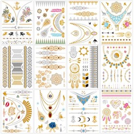 12 Sheets 36 Designs Golden Metallic Tattoo Temporary Tattoos for Adult Women, Waterproof Gold Fake Tattoo Stickers, Long Lasting Glitter Tattoo Kit Exquisite Designs Body Art Bracelet Feather
