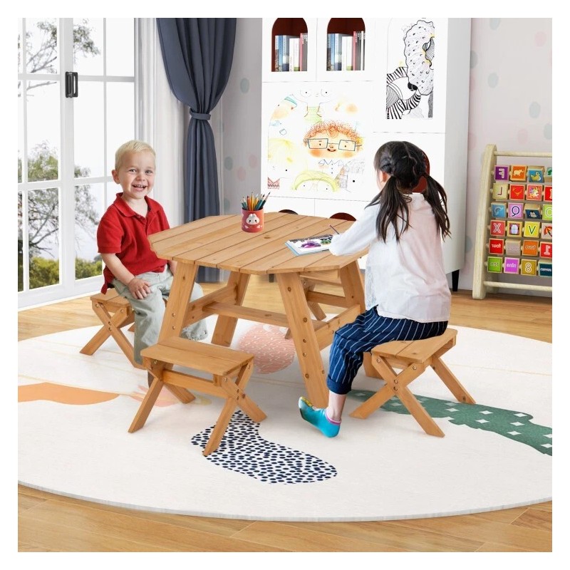 Costway 2-in-1Kids Wooden Table Set Toddler Patio Picnic Table With